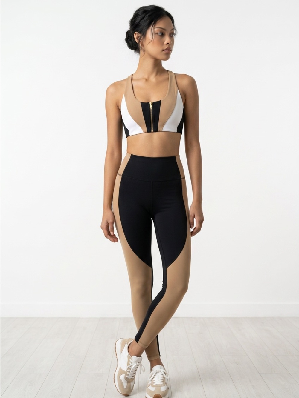 Set of 2 Colorblock Zip-Front Sports Bra and Athleta Leggings - Tan/White/Black - Picture 9 of 16